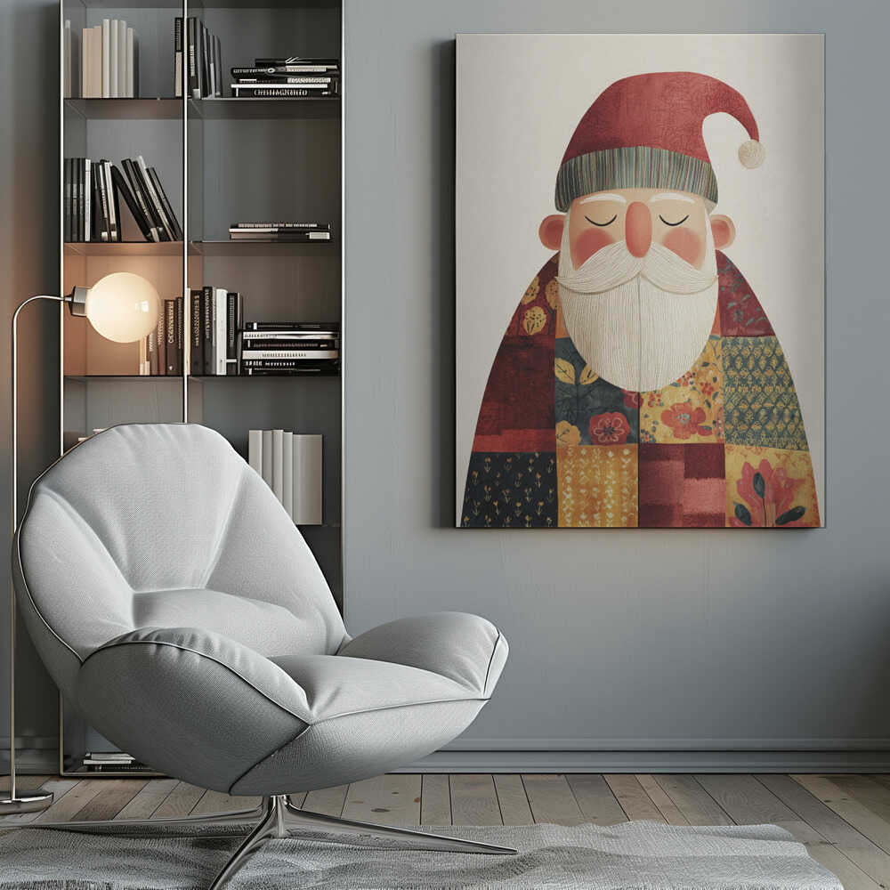 A stylized illustration of a serene Santa Claus with his eyes closed. He wears a textured red hat with a pom-pom and a colorful patchwork coat made of different floral and geometric patterns, all set against a light cream background. Print