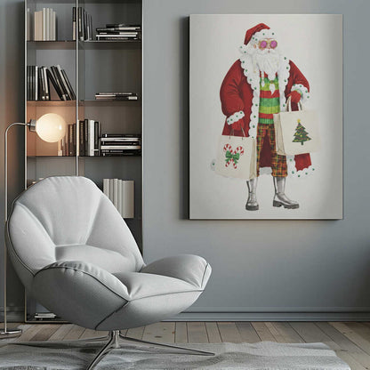 A whimsical illustration of a stylish Santa Claus wearing a red coat, pink sunglasses, a striped sweater, and plaid pants. He is holding two shopping bags decorated with a Christmas tree and candy canes, against a plain off-white background. Decor