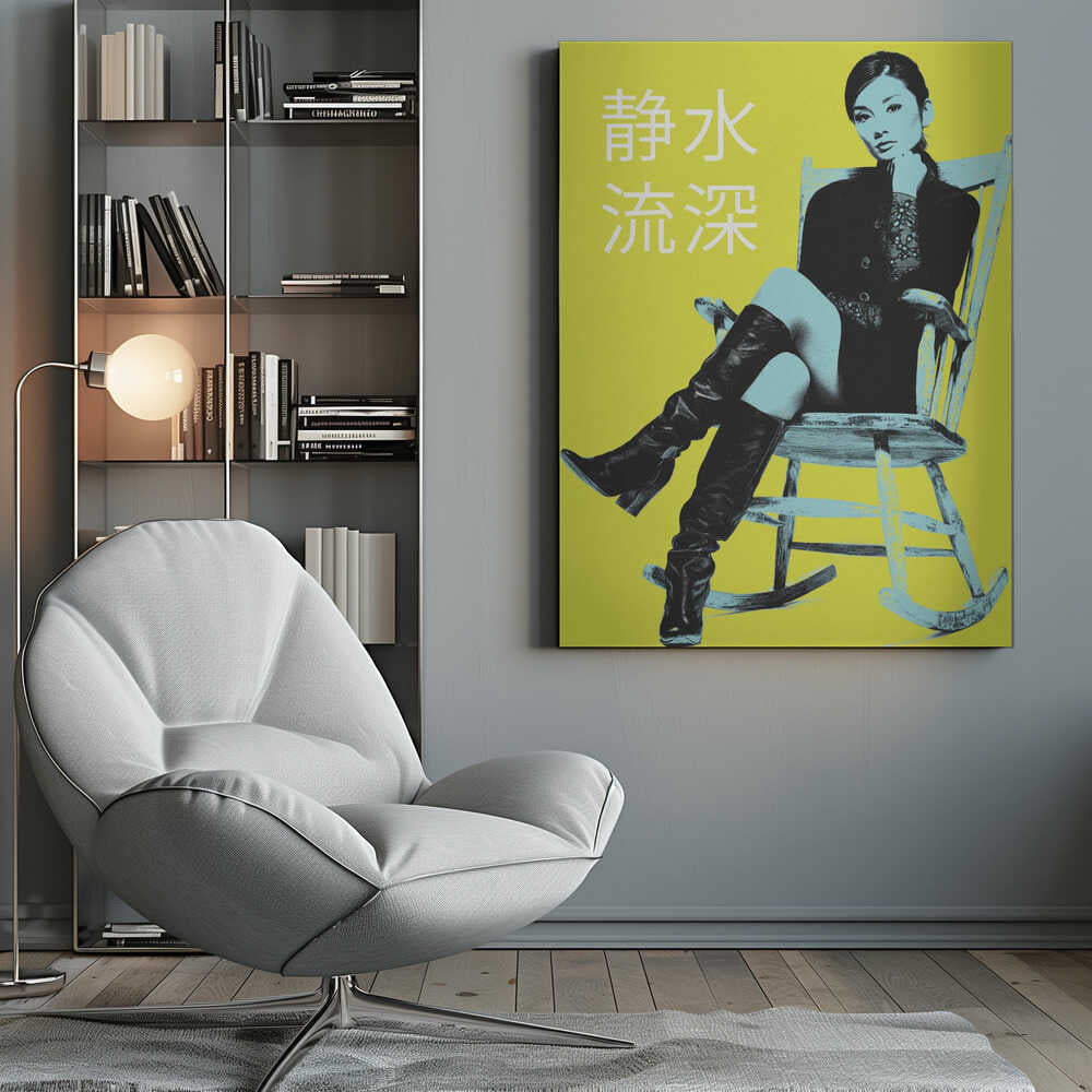 A pop art style poster with a stark yellow background featuring a woman in a black jacket and tall black boots sitting in a rocking chair. The image is rendered in high contrast with black and light blue tones. The woman is looking at the viewer with her chin on her hand. To the left, there are four large white Japanese characters. The entire piece is framed in black. Print