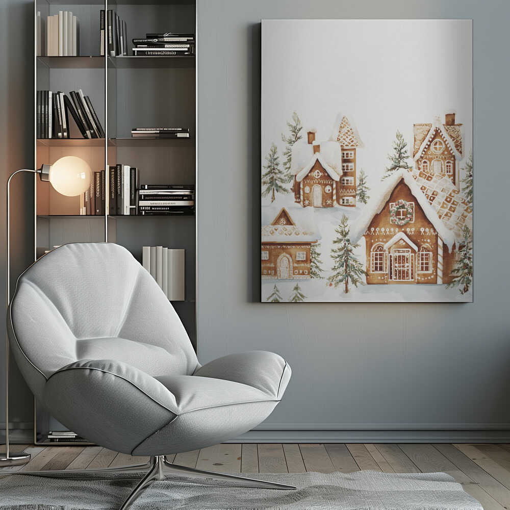 A watercolor painting of a whimsical gingerbread village covered in snow. The detailed houses are decorated with white icing and are surrounded by small pine trees, all set against a clean white background and framed in black. Poster