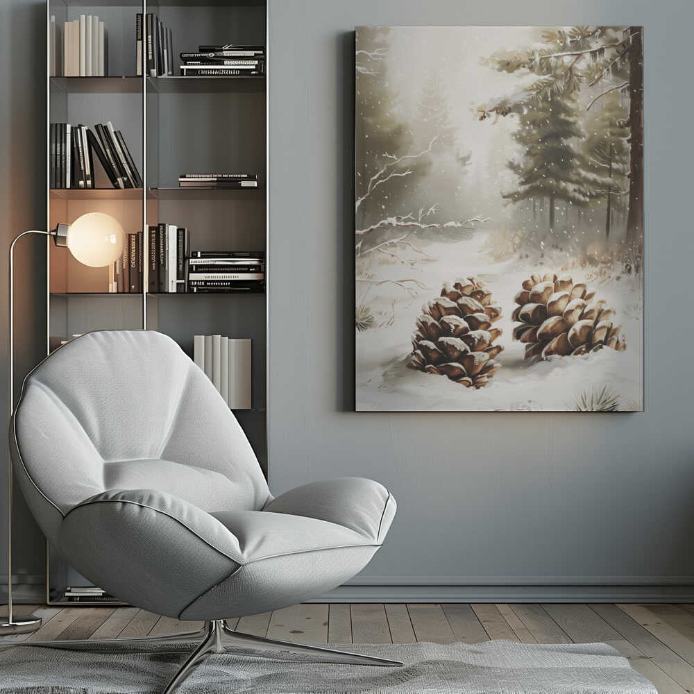 Painting of two large, snow-covered pinecones in a peaceful winter forest during a gentle snowfall.