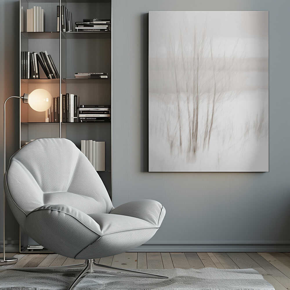 Abstract photo of bare trees in a misty, white winter landscape.