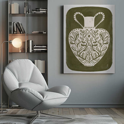Olive green illustration of a Greek vase, perfect as an art print or poster.