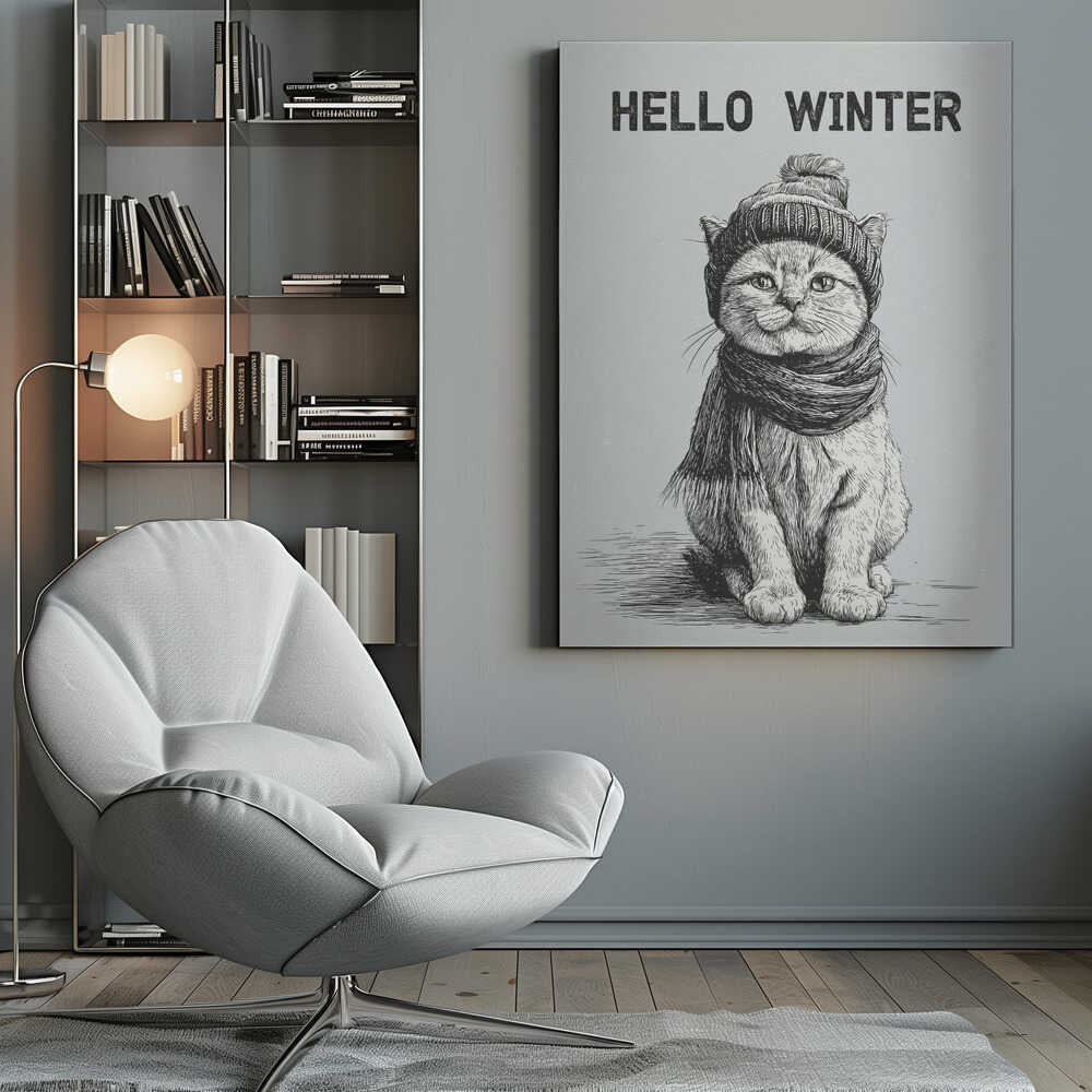 Sketch illustration of a cute cat wearing a winter hat and scarf. 'Hello Winter' quote.
