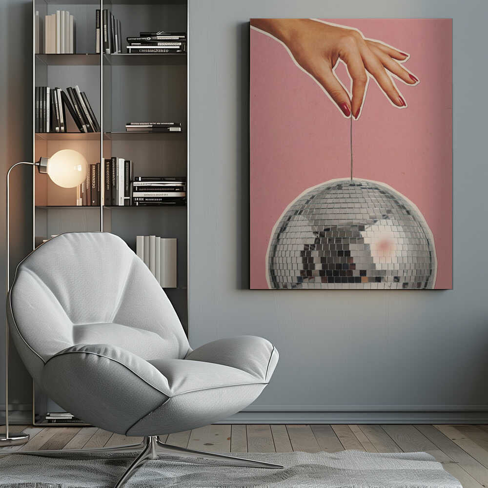 Retro collage art of a hand with red nails holding a silver disco ball against a pink background.