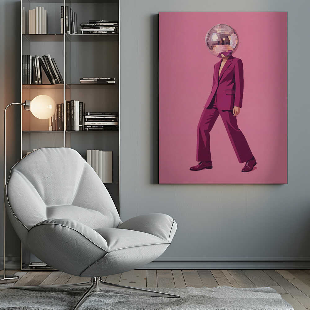 A person with a disco ball for a head wearing a magenta suit against a pink background, surreal wall art.