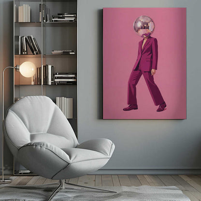 A person with a disco ball for a head wearing a magenta suit against a pink background, surreal wall art.