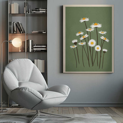 Botanical illustration of white daisy flowers with yellow centers against a sage green background.