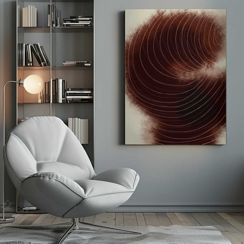 Abstract vortex of fine white lines swirling on a deep, textured brown background.
