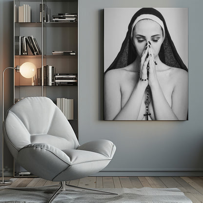A black and white portrait of a woman with dramatic eye makeup wearing a nun's habit. Her eyes are closed and her hands are clasped in front of her face in prayer, holding a black rosary. Her shoulders are bare, creating a stark contrast. Artwork