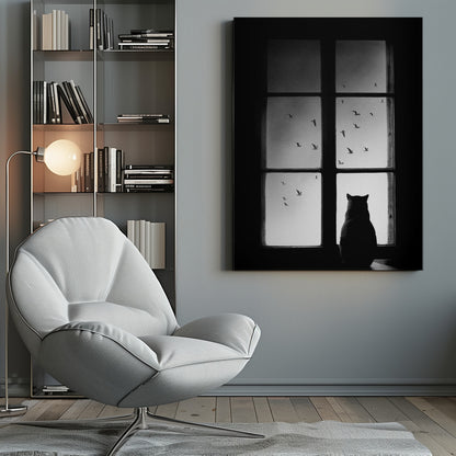 A black and white photograph showing the silhouette of a cat from behind, sitting on a windowsill and looking out through the panes at a flock of birds flying in the sky. Poster