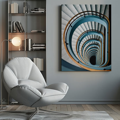 A high-angle, top-down photograph of a multi-story rectangular spiral staircase, creating a hypnotic, receding pattern. The steps are light gray marble, contrasted by shadows, and the balustrade is a striking light blue with a warm wooden handrail, leading down to a dark abyss at the center. Wall Art
