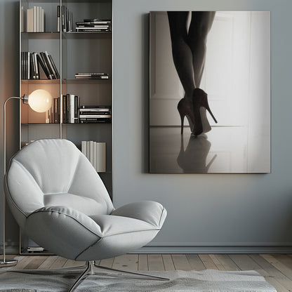 A low-angle, black and white photograph focusing on a woman's legs as she stands with them crossed. She wears dark red stiletto high heels, which cast a clear reflection on the glossy floor. Her legs are silhouetted against a bright white door in the background, creating a dramatic and sensual mood. Decor