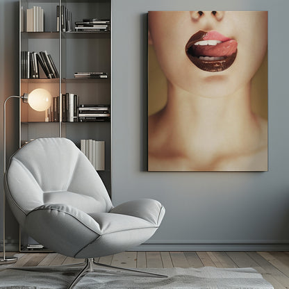 A close-up photograph of a woman's mouth with two-toned lipstick. The lips are mostly covered in glossy dark brown, with the upper right section in light pink. Her tongue is out, licking the pink part of her lip, revealing her white teeth. Print