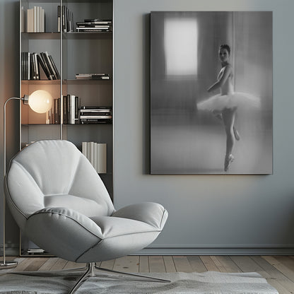 A black and white artistic photograph of a ballerina in a white leotard and tutu, mid-pose on pointe. The image has a motion blur effect, creating a dreamy and ethereal atmosphere as she glances back at the camera. Decor