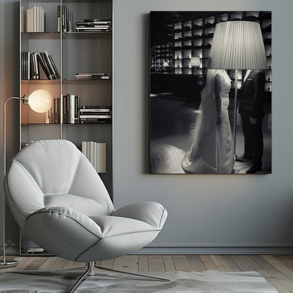 A surreal black and white photograph of a bride and groom whose heads are comically obscured by a large, pleated lampshade from a floor lamp standing between them. They are in a modern, dimly lit room with a wall of illuminated shelves. Poster