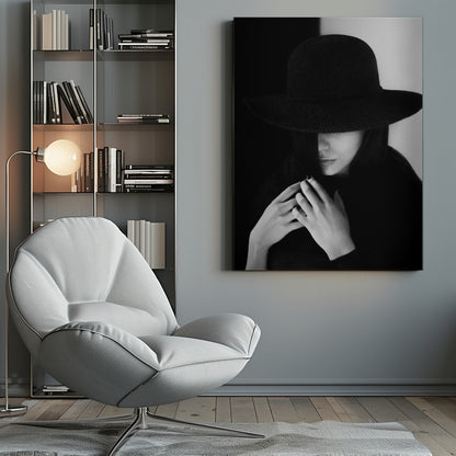 A mysterious black and white portrait of a woman wearing a large, black, wide-brimmed hat that casts a deep shadow over her eyes. Her hands are clasped at her chest, and the background is split vertically into black and white sections. Artwork