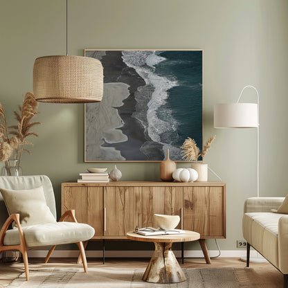 An art print depicting dynamic running ocean waves with white foam and shades of blue and aqua water. Decor