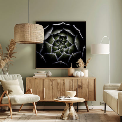A dramatic, top-down macro photograph of a spiral succulent against a solid black background. The dark green, triangular leaves are outlined with a fine, white, fuzzy fringe, creating a mesmerizing geometric pattern that draws the eye to the center. The image is presented within a light wood frame. Decor