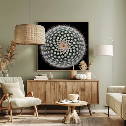A macro, top-down photograph of a spherical cactus with dense white spines forming a spiral pattern against a stark black background. The artwork is presented in a light wood frame. Artwork