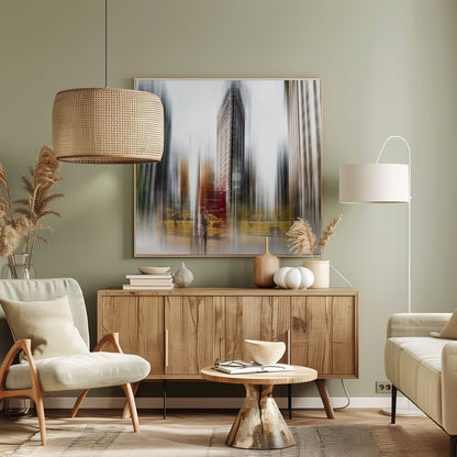 An artistic photograph of New York City's Flatiron Building in a light wood frame. The image has a strong vertical motion blur effect, creating streaks of yellow from taxi cabs and gray from the surrounding architecture, capturing the bustling energy of the city. Poster