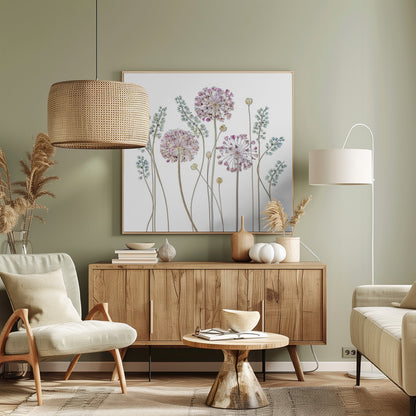 A botanical art print in a light wood frame, featuring delicate pressed allium flowers with pink and purple globes and slender stems, interspersed with sprigs of muted blue-green foliage against a clean white background. Poster