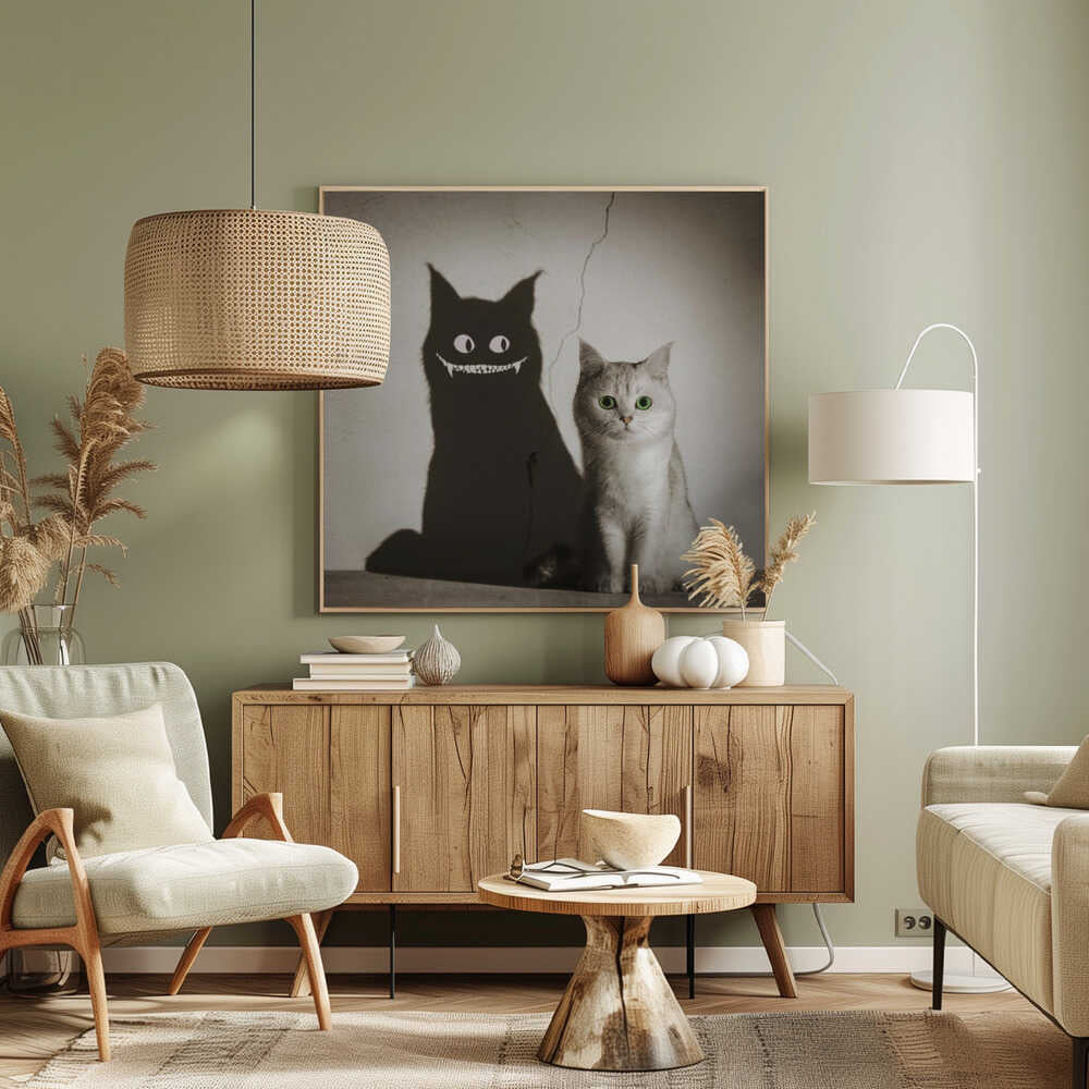 A photographic artwork of a cute, silver-grey cat with vibrant green eyes sitting beside its shadow, which is distorted into a monstrous black creature with large white eyes and a sharp, toothy grin against a cracked wall. Decor