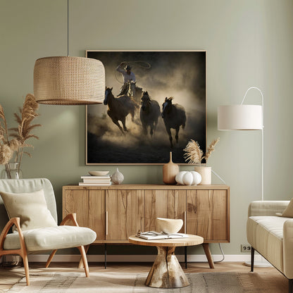 A dramatic, backlit photograph of a cowboy on horseback herding a small group of horses, kicking up a large cloud of dust as they gallop through a rustic landscape at sunrise or sunset. Poster