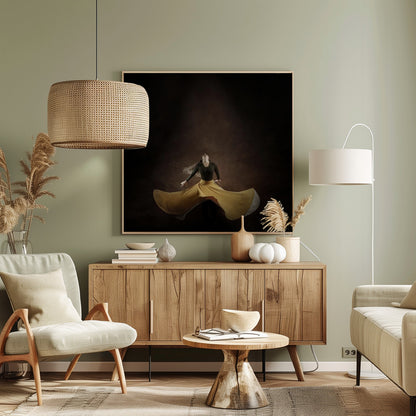 A framed photograph of a woman dancing against a dark, moody brown background. She is captured mid-spin, with her long, vibrant yellow skirt fanning out around her. Her head is thrown back, and her long hair is in motion, conveying a sense of freedom and passion. Poster