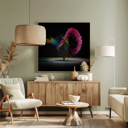 A dynamic photo of a dancer arching backward, their long hair creating a massive arc of vibrant pink powder against a black background, with smaller bursts of blue and yellow. Decor