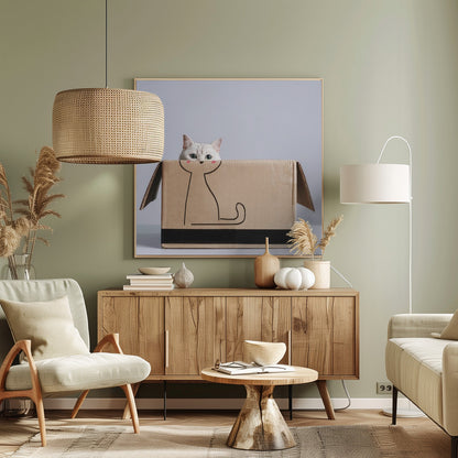 A cute white cat with green eyes peeks out of a cardboard box. The front of the box has a simple black line drawing of a cat's body, making it look as if the real cat's head belongs to the drawing. The image is set against a light gray background and enclosed in a light wood frame. Wall Art