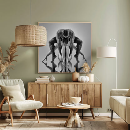 A framed black and white studio photograph of two dancers, a man and a woman, creating a symmetrical pose. The muscular man is positioned over the woman who is curled up beneath him. Their limbs are extended and reflected on the mirrored surface below, forming an abstract and powerful composition. Decor