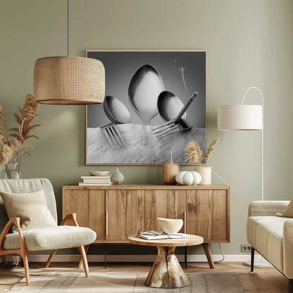 A conceptual black and white photograph in a light wood frame, featuring three spoons standing upright on a white towel, while a fork in the foreground holds a lit, smoking cigarette between its tines. Wall Art