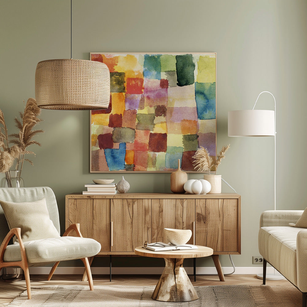 A framed abstract watercolor painting featuring a grid of overlapping, hand-painted squares in various colors. The palette is rich with warm tones of red, orange, and yellow, balanced with cooler shades of green, blue, and purple, creating a mosaic-like composition. Print