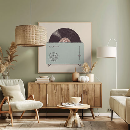 A vintage-style illustration of a light blue record player cleverly designed to look like a toaster. A black vinyl record pops out of the top slot like a slice of toast. The device is labeled 'High Fidelity' and has a volume slider, all set against a cream background within a light wood frame. Poster