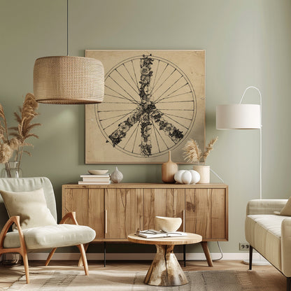 A framed, vintage-style ink drawing of a bicycle wheel. Inside the wheel, a peace sign is formed out of intricately drawn flowers and vines. The background has a textured, aged paper appearance in a sepia tone. Print