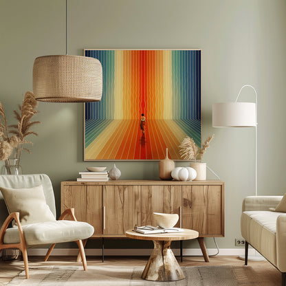A surrealist artwork in a light wood frame depicting a woman seen from behind walking into a room with infinite perspective. The walls and floor are made of continuous, wavy vertical stripes in a rainbow gradient, starting with cool blues and transitioning to warm oranges and a central red path. Poster