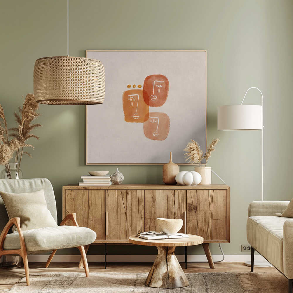 A minimalist abstract painting in a light wood frame, featuring three stylized faces rendered in orange and terracotta watercolor shapes with simple white line art on a textured beige background. One face is adorned with three small gold dots above it. Artwork