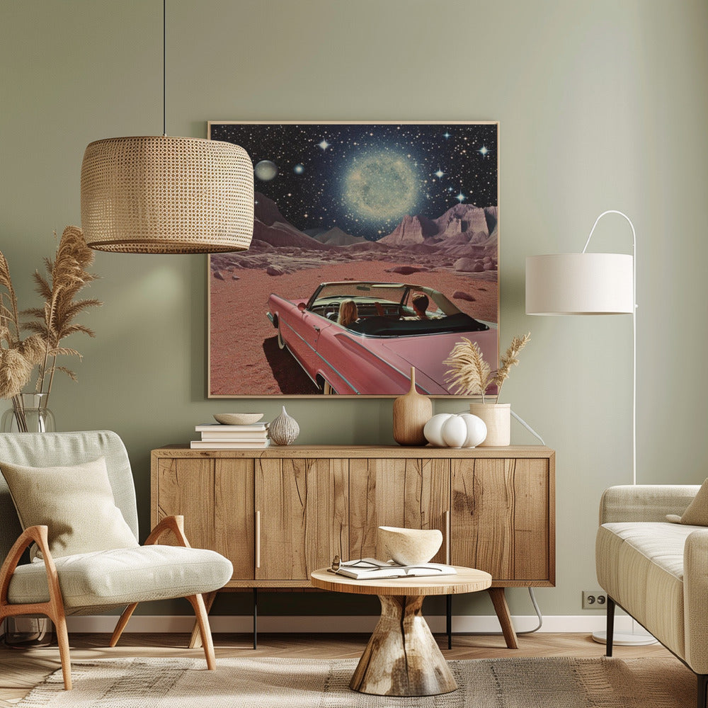 Pink Vintage Car In Space Collage Art 2 - Poster / Art Print