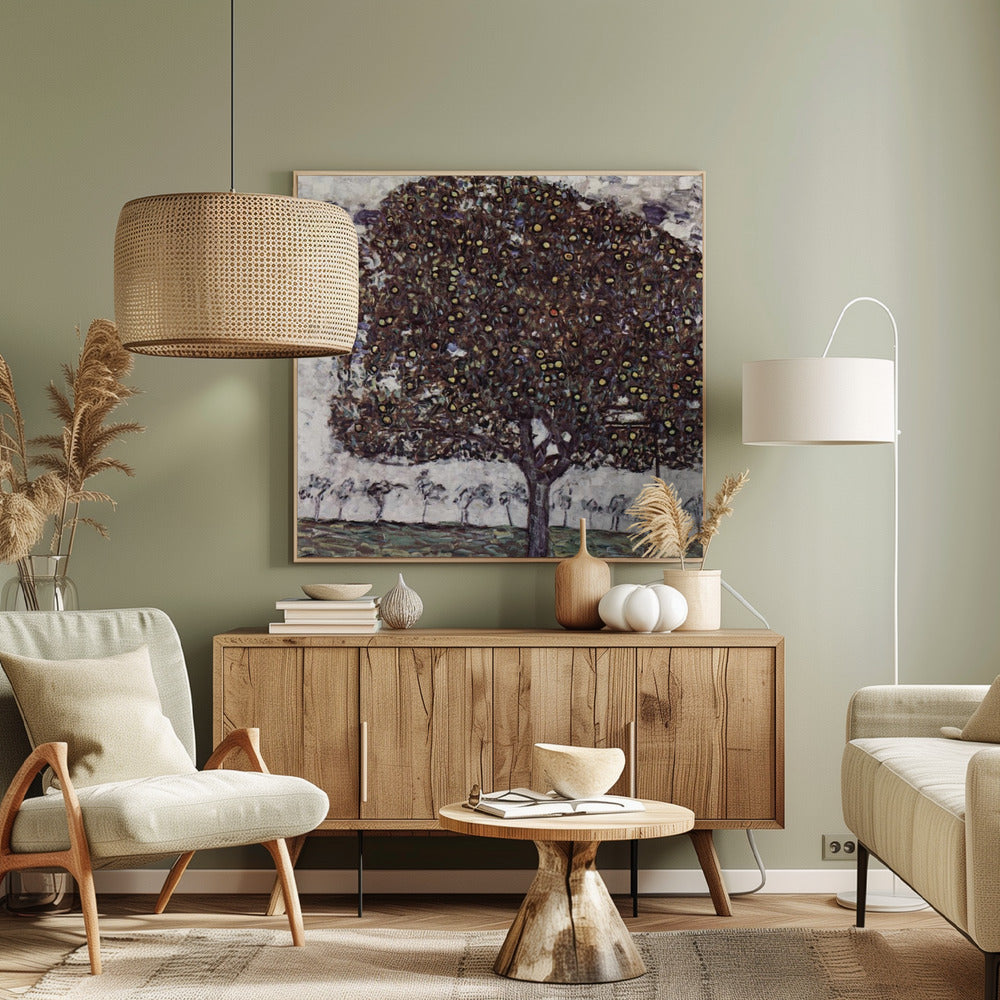 A framed impressionist painting of a large, round apple tree with a dense, dark canopy speckled with yellow apples. The tree stands in the foreground of a green field, with a row of smaller, paler trees in the background under a light, cloudy sky. Poster