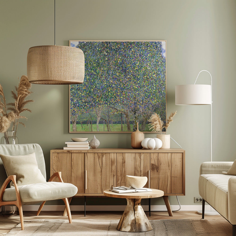 An impressionistic painting by Gustav Klimt of a pear tree orchard. The leaves of the trees are a dense mosaic of green, blue, and yellow brushstrokes, almost completely filling the upper part of the canvas. Below the vibrant canopy, the tree trunks stand on a bright green lawn. Print