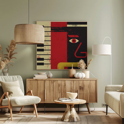 A framed abstract jazz music poster featuring a stylized musician's face, a piano keyboard, and a saxophone. The artwork uses a distressed texture with bold red, black, and cream colors for a vintage feel. Decor