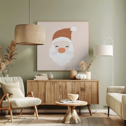 A minimalist cartoon illustration of a smiling Santa Claus face with a brown hat and white beard, set against a soft pink background and framed in light wood. Poster
