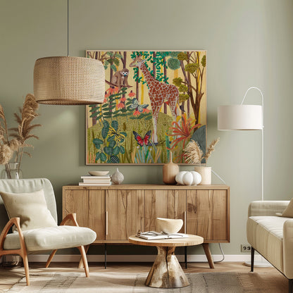 A framed, stylized painting of a jungle scene featuring a tall giraffe and a small monkey. The animals are surrounded by lush green foliage, orange and red flowers, and several butterflies against a warm yellow and light brown background with tree trunks. Decor