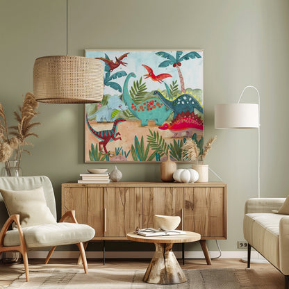 A vibrant, kid-friendly illustration of various colorful dinosaurs in a prehistoric jungle setting, framed in light wood. Dinosaurs include a teal brachiosaurus, a red stegosaurus, a blue triceratops, and flying pterodactyls against a light blue sky with palm trees. Decor