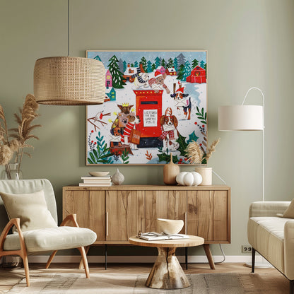 A whimsical Christmas illustration of several dogs in festive hats and scarves mailing letters at a bright red postbox labeled 'Letters to the North Pole' in a snowy village scene with colorful houses and pine trees. Decor