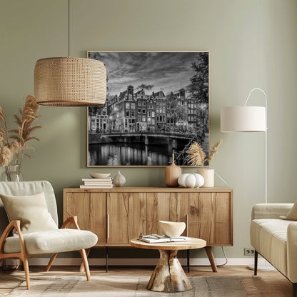 Monochrome art print depicting an idyllic impression of Singel in Amsterdam Wall Art