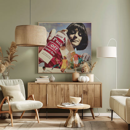 A vintage-style collage of a giant woman with dark hair spraying an aerosol can labeled 'New Fuck Off Super Spray'. Below the can, a group of smaller, retro-dressed people are running away from the spray. Decor