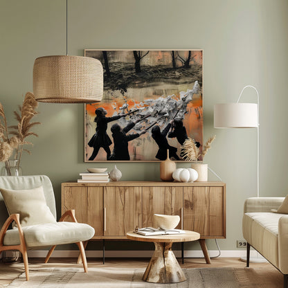 A framed mixed-media artwork featuring four children in dark uniforms collaboratively pushing long-handled tools into a large, textured wave of white paint. The background is an abstract blend of orange, black, and beige, with a dark, desolate landscape of bare trees at the top. Wall Art