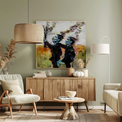A contemporary painting in a light wood frame depicting two stylized female figures in dark clothes against an abstract background. One reaches for a small, bare tree while both look upwards with open mouths, as colorful, smoke-like swirls rise from behind them. Print